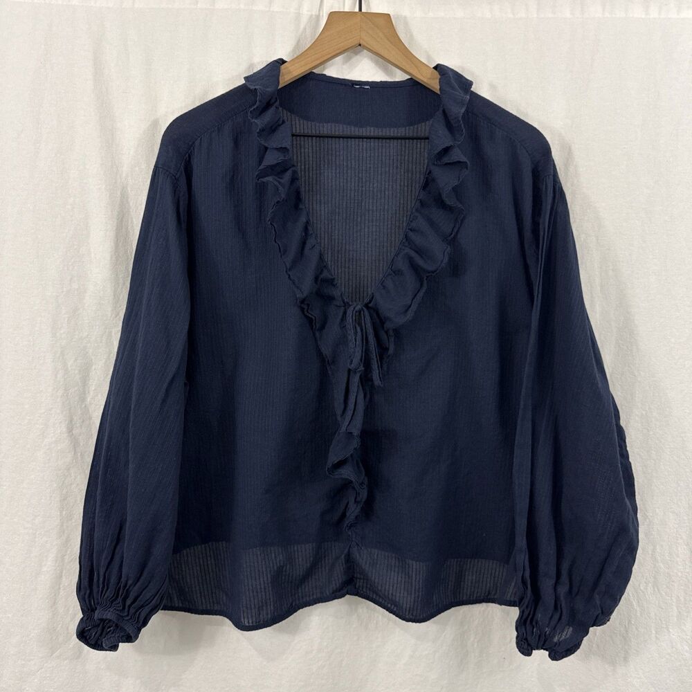 Old Navy Ruffle Tie Vneck Navy Blue Peasant Top Womens Sz XXL Boho Coastal